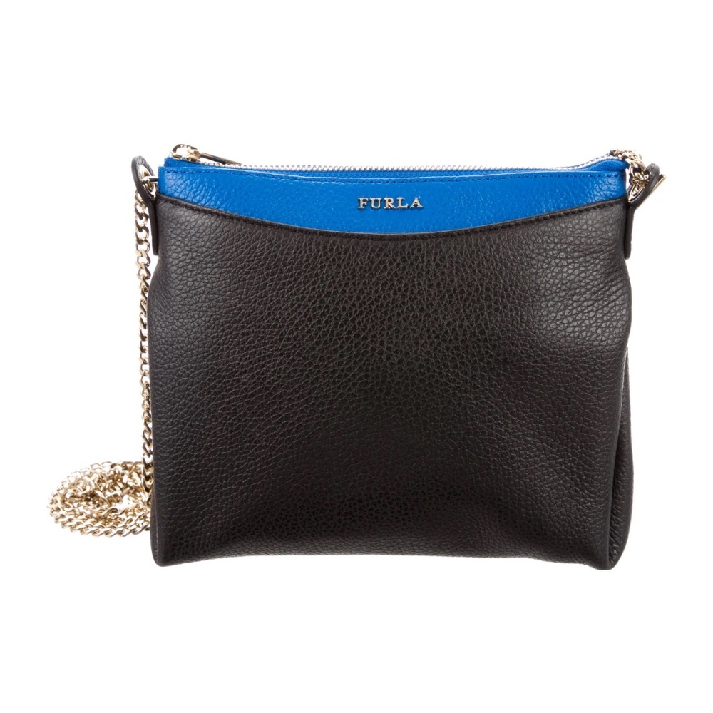 Furla, Linda, Black and Blue Pebbled Leather Crossbody Shoulder Bag